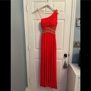 Long gown dress Betsy & Adam dress off one shoulder extremely  stunning peach